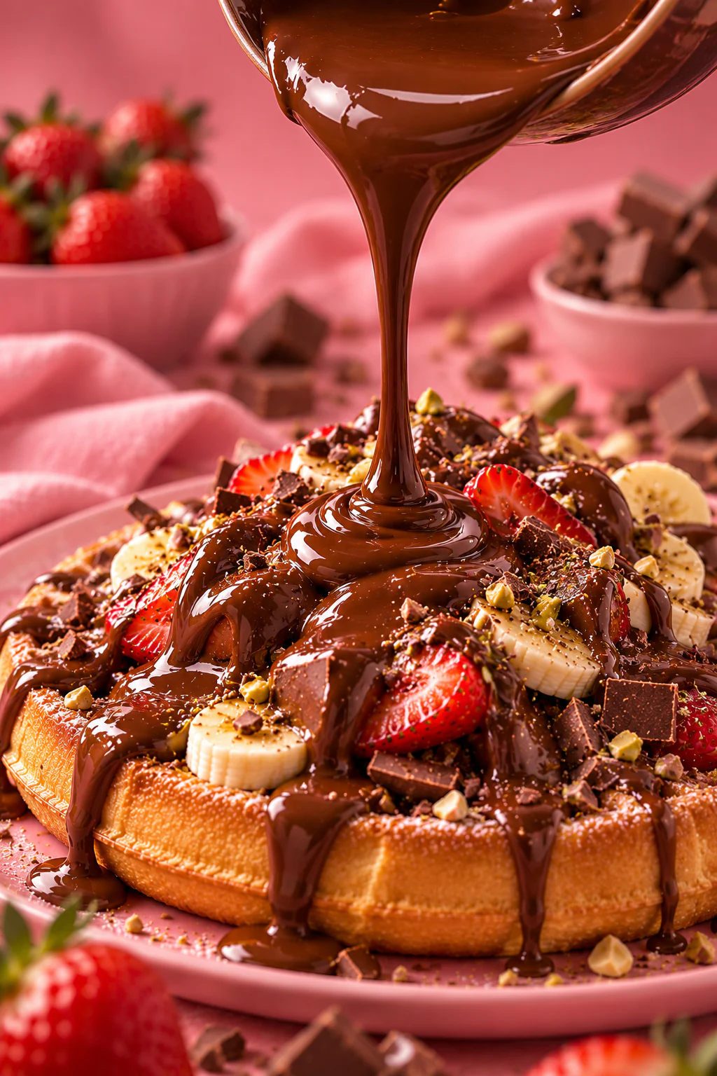 Çikolata şelaleli waffle sunumu