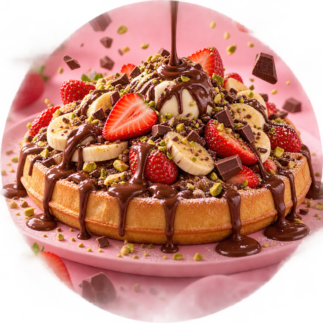 Çilek, muz, çikolata ve fıstıkla hazırlanan waffle